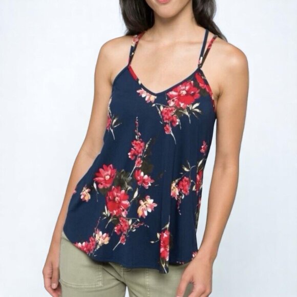 Paper Moon Tops - Paper Moon Floral Crisscross Strap Cami Navy & Red Size 2X